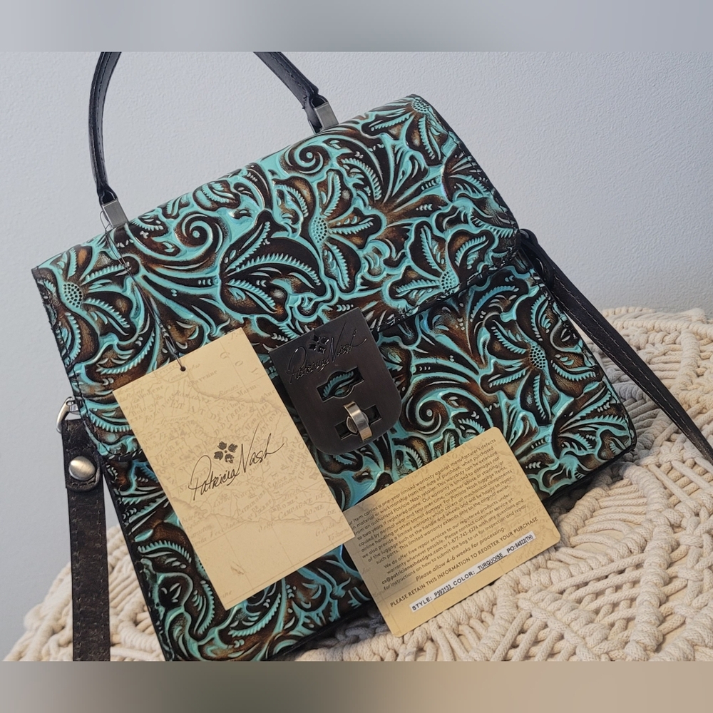 Patricia Nash Turquoise and Black Embossed Leather Bag - Picture 4 of 15